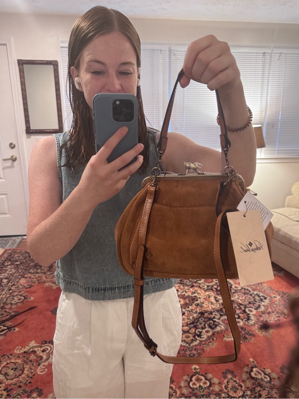 Suede Kiss-Lock Patricia Nash Crossbody Bag in Caramel - Picture 3 of 11